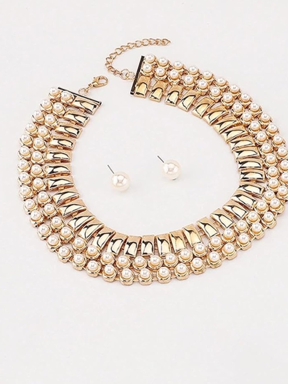 Gold Pearl Layered Statement Choker Necklace & Stud Earrings Set Fifiβs Closet - Picture 3 of 7